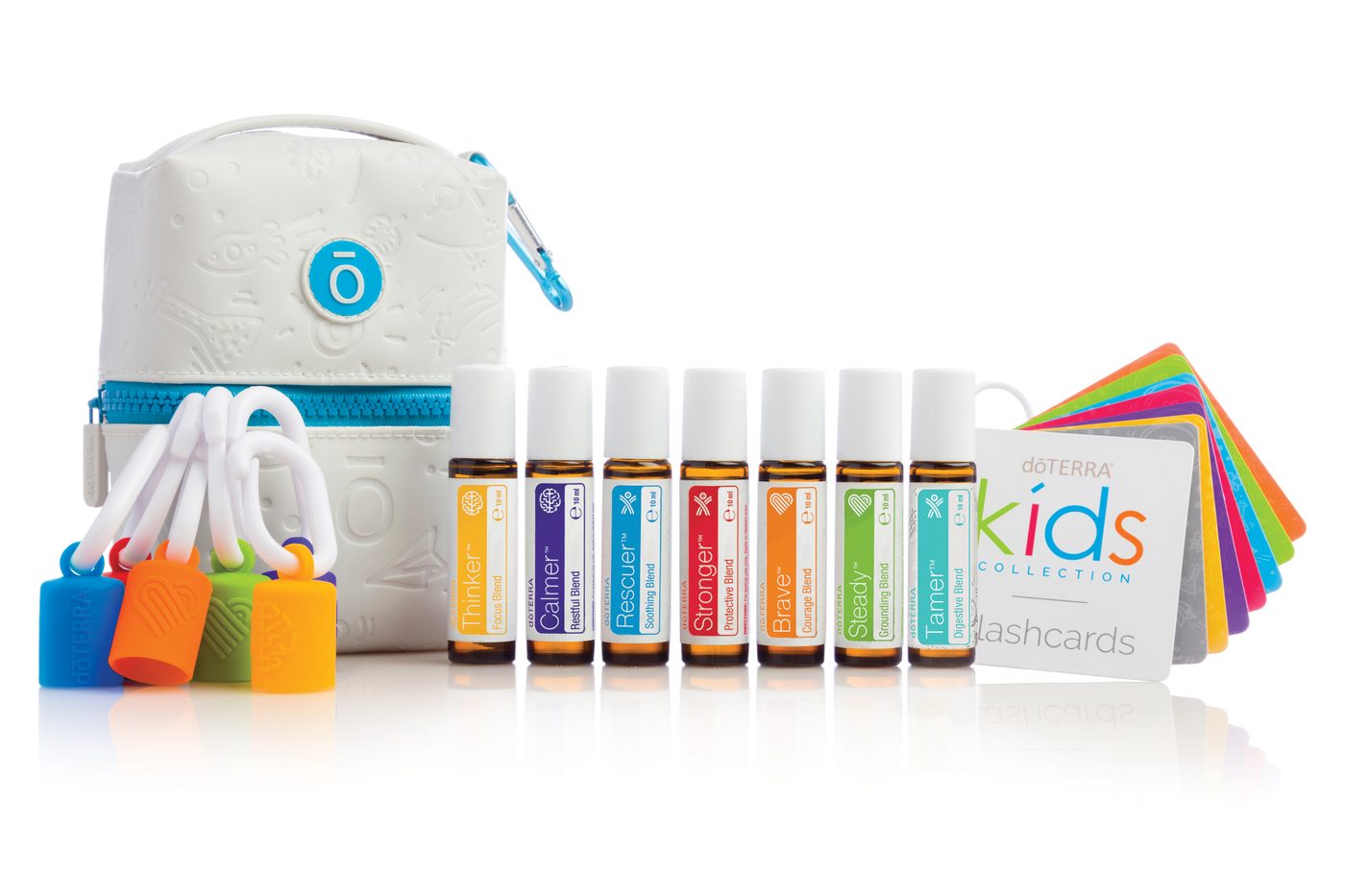 Die doTERRA Kids Collection: sieben Roll-on-Fläschchen mit ätherischen Ölmischungen, bunte Silikonhüllen, ein Täschchen und ein Kartenset.